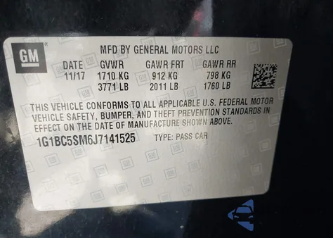 2018 Chevrolet Cruze Ls Auto из США, поврежденный, VIN 1G1BC5SM6J7141525